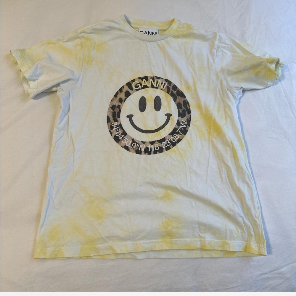 Ganni Yellow Short Sleeve Tee with Smiley Face Design